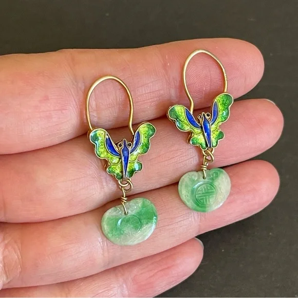 Antique Chinese export gilt silver carved jade & enamel butterfly earrings.